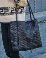 Black % Cenlie Textured Woven Leather Tote Bag-1