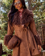 Close Keeps Faux Suede Detachable Faux Fur Trim Coat
