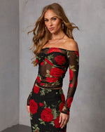 Warm Bloom Floral Mesh Off The Shoulder Top