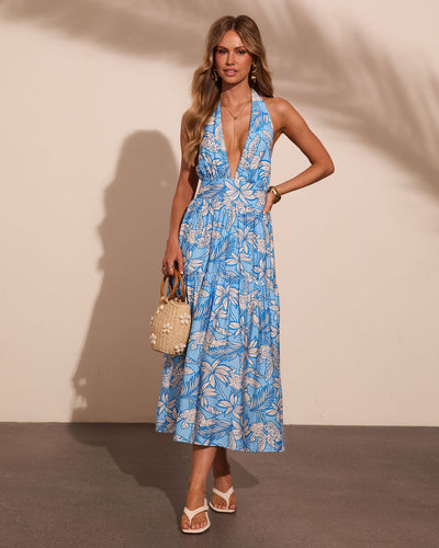 tropical halter maxi dress Sunset Society Tropical Print Halter Neck Maxi Dress in Blue
