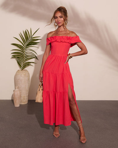 coral off the shoulder maxi dress Sol Haze Ruffle Off The Shoulder Maxi Dress – VICI
