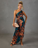 Modern Day Glam Printed One Shoulder Asymmetrical Maxi Dress