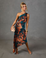 Modern Day Glam Printed One Shoulder Asymmetrical Maxi Dress