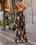 Adrenia Pleated Floral Print Satin Maxi Dress