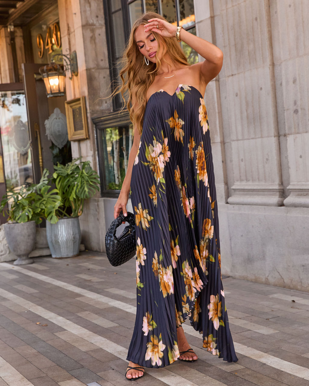 black floral print maxi dress Adrenia Pleated Satin in Floral Jasmine Halter Maxi Dress summer jumpsuit dance floor–ready skirt and COLOR:Kakhi