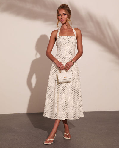 Abrille Polka Dot Halter Neck Maxi Dress in White Dot - Size Medium, Rayon/Cotton, VICI Abrille Polka Dot Halter Neck Maxi Dress in White Dot - Size Medium, Rayon/Cotton, VICI