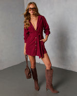 Burgundy % Sherna Corduroy Front Tie Mini Dress-1