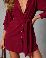 Burgundy % Sherna Corduroy Front Tie Mini Dress-6