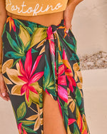 Black Multi % Kaanapali Linen Blend Palm Printed Wrap Midi Skirt-6