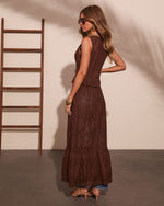 Brown lace eyelet maxi skirt set with peplum top, worn with denim and nude kitten heels, boho style
