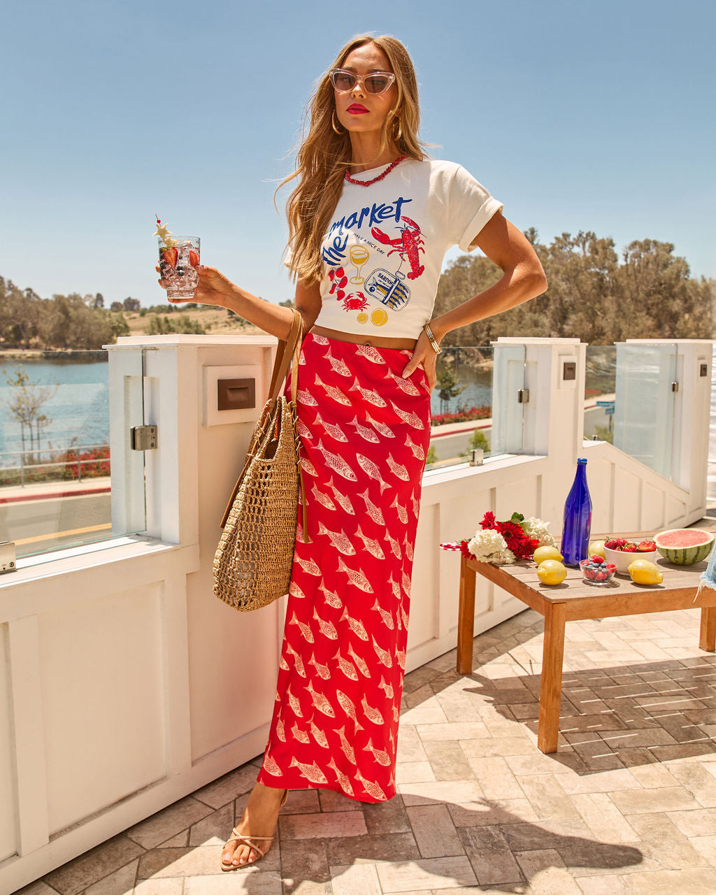 Salty Catch Satin Novelty Fish Print Maxi Skirt