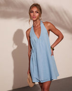 Inesa Wrap Halter Neck Chambray Mini Dress