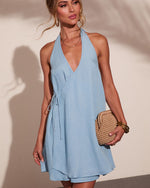 Inesa Wrap Halter Neck Chambray Mini Dress