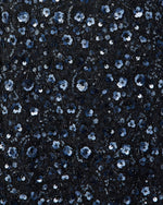 Navy blue sequin floral embroidered fabric with metallic flower clusters on black mesh textile