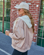 Beige % Campus Oversized Hooded Bomber Jacket-4