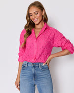 Pink % Garden Stroll Eyelet Floral Button Down Top-1