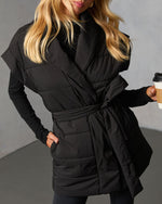 Black % Toasted Oat Puffer Waist Tie Vest-5