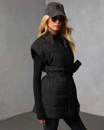 Black % Toasted Oat Puffer Waist Tie Vest-3
