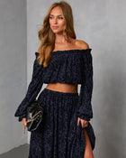 Miriza Flocked Mesh Velvet Off The Shoulder Top