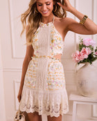 Yellow Floral % Summer Solstice Eyelet Halter Mini Dress-1