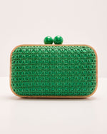 Green % Lindsie Woven Vegan Leather Wooden Frame Clutch-3