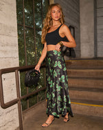 Black/Green % Light Feels Satin Butterfly Print Maxi Skirt-3