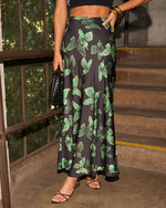 Black/Green % Light Feels Satin Butterfly Print Maxi Skirt-2