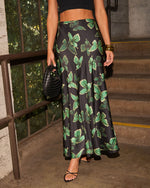 Black/Green % Light Feels Satin Butterfly Print Maxi Skirt-5