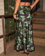 Black/Green % Light Feels Satin Butterfly Print Maxi Skirt-4