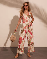 Sunset Souvenir Linen Blend Tropical Waist Tie Jumpsuit