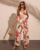 Sunset Souvenir Linen Blend Tropical Waist Tie Jumpsuit