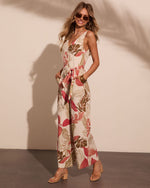 Sunset Souvenir Linen Blend Tropical Waist Tie Jumpsuit