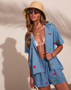 Sunset Escape Embroidered Chambray Button Down Top