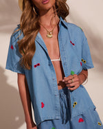 Sunset Escape Embroidered Chambray Button Down Top