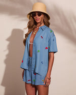 Sunset Escape Embroidered Chambray Button Down Top