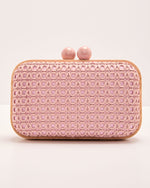 Pink % Lindsie Woven Vegan Leather Wooden Frame Clutch-3
