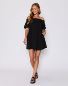 Black % Lydia Cotton Smocked Off The Shoulder Mini Dress-1