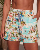Sunlit Society Novelty Print Linen Blend Drawstring Shorts