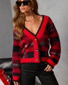 Red/Black % Taylor Plaid Fuzzy Knit Cardigan-1