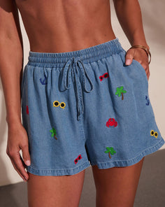Sunset Escape Embroidered Chambray Shorts