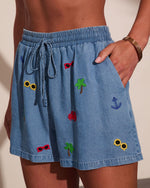 Sunset Escape Embroidered Chambray Shorts