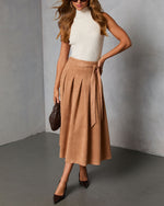 Table Ready Suede Waist Tie Pleated Midi Skirt