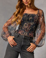 Sepia Ritual Printed Smocked Mesh Top