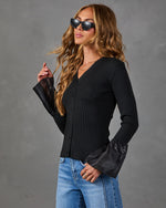 Social Whimsy Ribbed Knit Satin Cuff Top