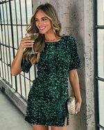 Hunter Green % Light The Night Sequin Mini Shirt Dress-6