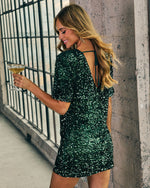 Hunter Green % Light The Night Sequin Mini Shirt Dress-4
