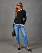 Collina Knit Contrast Trim Mock Neck Peplum Top