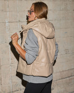 Beige % Shelton Pocketed Hooded Faux Leather Puffer Vest-4