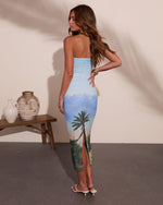 Delora Printed Mesh Strapless Midi Dress