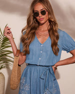 Nichelle Embroidered Wast Tie Chambray Romper